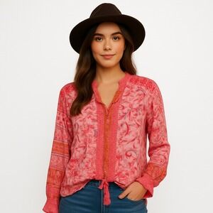 Hale Bob Boho Floral Embroidered‎ Tassel Blouse Pink Orange Size Small